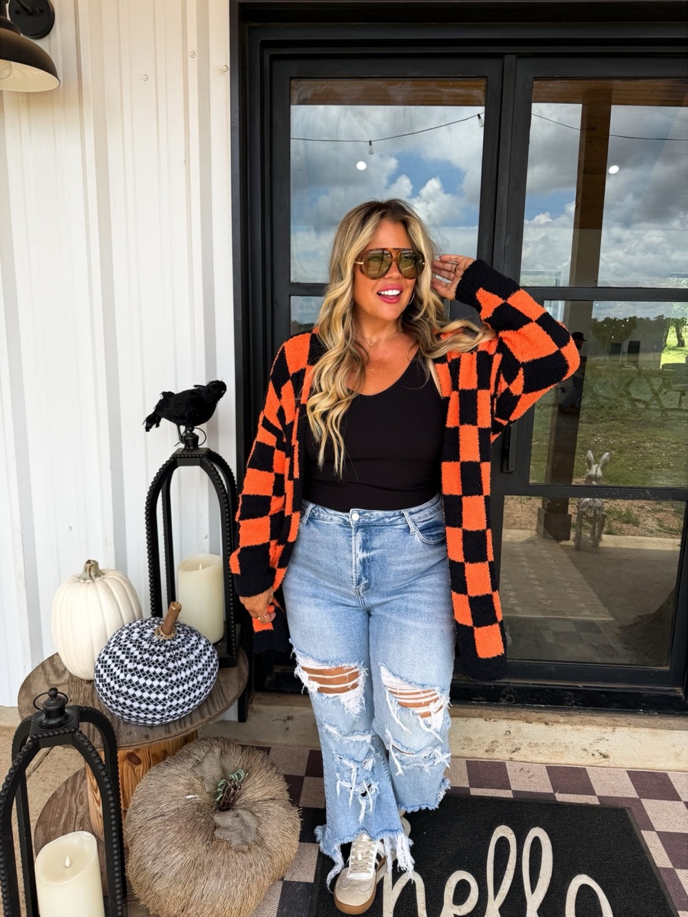 Cozy Checkerboard Open-Front Reversible Cloud Cardigan - Orange/Black